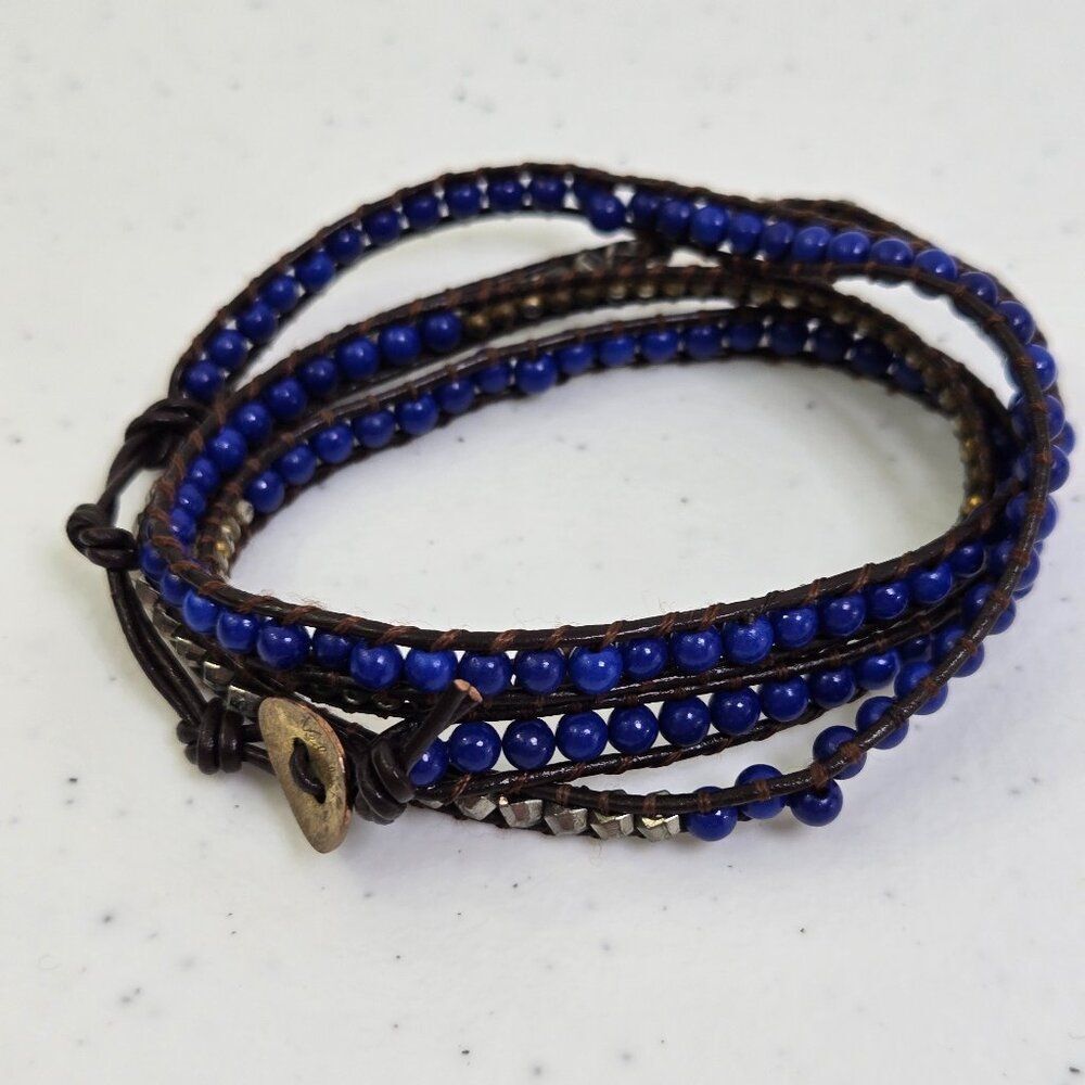 Vedahs Beaded Wrap Around Bracelet Blue Cord Silver Gold Tone Brown Boho